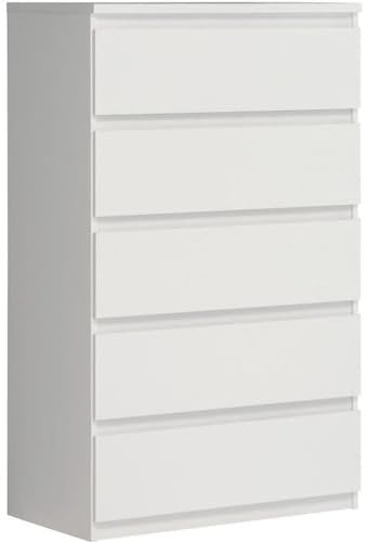 FORTE Chelsea Hohe Kommode 77 mit 5 Schubladen, Weiß, 77,2 cm breit x 128,1 cm hoch x 42,2 cm tief