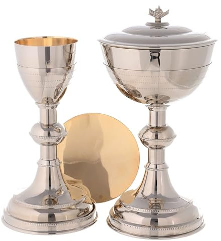 Holyart Kelch, Pyxis und Patene aus versilbertem Messing mit ziselierten Linien, Kelch und Patene