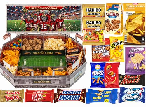 American Football Snackstadion Pro 2025 - Einizgartiges Geschenk für echte Football Fans, Echtes Stadionfeeling für Zuhause. Überraschung für jeden Football Fan - Farben Auswahl (Rot/Gold)