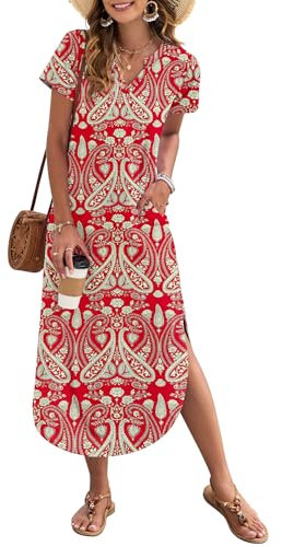 AUSELILY Women's Summer Casual Maxi Dress Short Sleeves V Neck Loose Sundress Split Long Beach Shirt Dress Vacation Boho Floral Red L