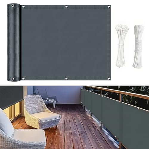 wiipara Balkon Sichtschutz Wetterfest 75x600cm, Balkonsichtschutz Ohne Bohren, Balkonabdeckung mit Kabelbinder und Kordel, UV-Schutz Blickdichte Balkonbespannung für Balkongeländer, Anthrazit