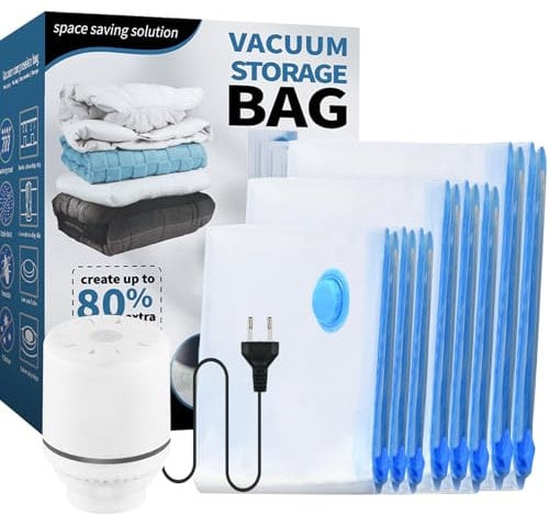 Bolsa Vacio Ropa Con Bomba Eléctrica, 8 Bolsas Para Guardar Ropa (2 Jumbo, 3 Grandes, 3 Medianas), Bolsas de Almacenaje al Vacío, Viaje y Hogar, Resistente y Reutilizable