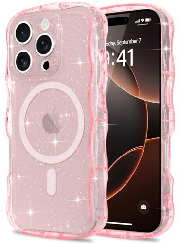Pepmune Cover Glitter per iPhone 16 Pro Max Compatibile con Magsafe, Rosa | Cornice Ondulata Forma Custodia. Brillare Glitter Cover per Donne e Ragazze. Protettiva Sottile Antiurto Case.
