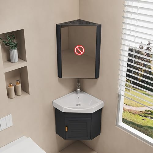 Pounjsd Mueble de baño esquinero, Lavabo esquinero 38x38 cm con Armario, Lavabo de Esquina económico para Caravana, Lavabo pequeño suspendido USA como Fregadero de Cocina, Ahorra Espacio, Negro