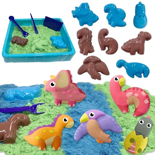 VBACALA Magic Toy Sand pour Enfants,Coffret de Sable Magique Contenant 500 g de Sable,8 Moules à Sable en Forme de Dinosaures,Sable Magique Sensoriel, Jouet de Sable,Cadeau de Noël Garçons et Filles