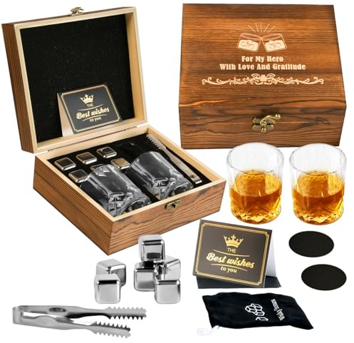 Whiskey Gift Sets for Men,2 Whiskey Glasses Set with 6 Reusable Whiskey Stones,Greeting Card,Wooden Box,Gift for Dad, Husband, Birthdays, Whiskey Lovers