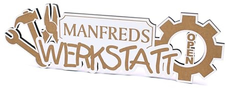 Dekolando Schild Werkstatt Personalisiert mit Namen Geschenk – personalisierbares Werkstattschild mit Werkzeug & Zahnrad Gravur – selbstklebend, ca. 30 cm, Geschenkidee