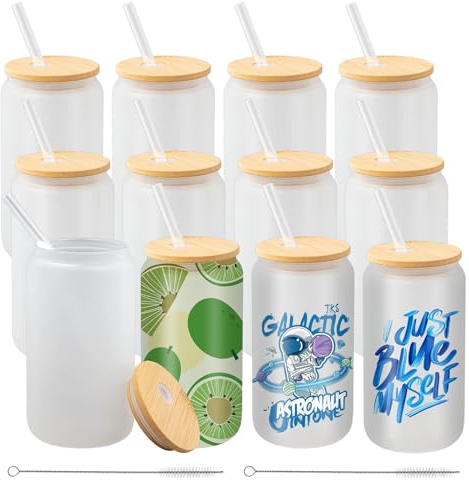 XJGQZ 12 Pack Sublimation Glass Cans, 16oz Frosted Sublimation Beer Can with Wooden Lid, Clear Mason Jar Tumbler Cups Mugs with Glass Straw for Beer, Iced Coffee, Juice, Soda, Drinks