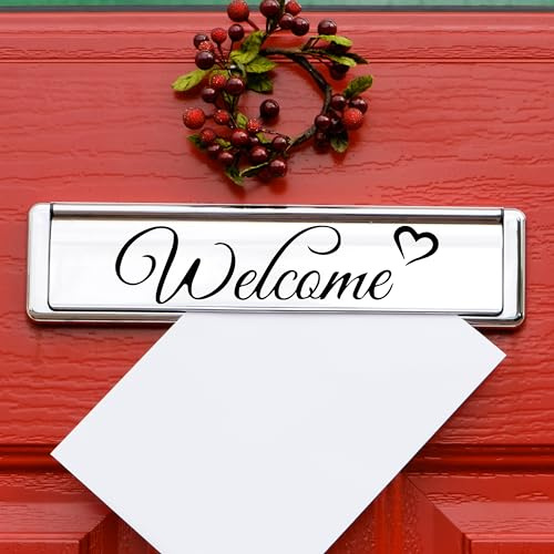 Welcome Door Sticker Letterbox Decal – Black Vinyl Sign for Front Door, Letter Box, Window Wall. Cute Heart Shop Entrance Decor, Home, Office or Business. Waterproof Removable UK Sign Delivery 16.5cm