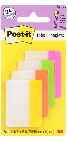 Post-it Sticky Tabs, 2 in. x 1.5 in., 4 Pads of Book Tabs in Assorted Bright Colors for Bookmarking, Annotating, Reading, and Reminders, Yellow, Pink, Orange, and Green (24 Total Count)