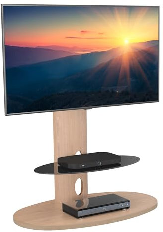 Chepstow Affinity Walnut TV Floor Stand, Oval Pedestal TV Stand, Integrated TV Mount up to 65'', Whitewashed Oak Black Glass Shelf