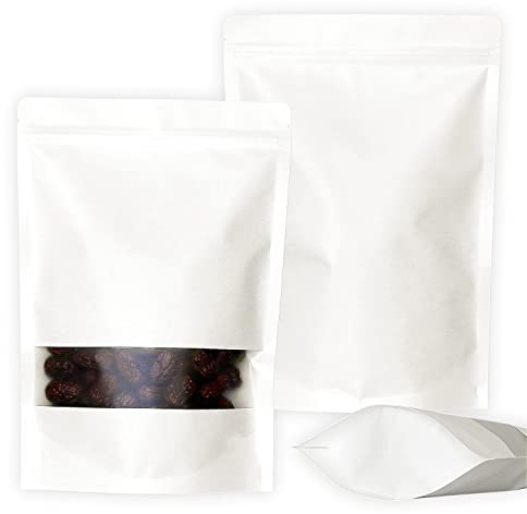 SumDirect 50pcs White Kraft Stand Up Food Bags, Zipper Reusable Packing Pouches with Transparent Window and Tear Notch Thicken Heat Sealable, for Storing, Cookie, Snack Tea and Drinking (15x22cm)