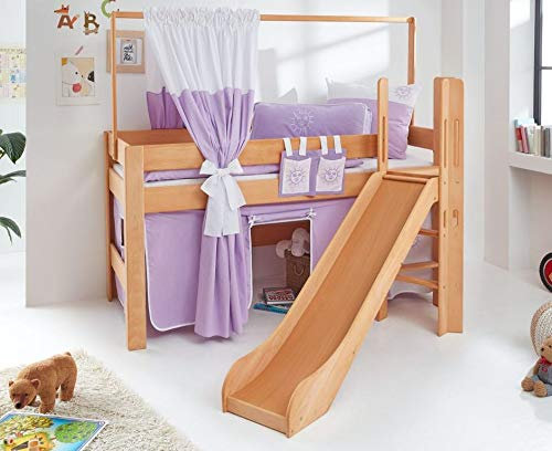 Froschkönig24 Hochbett Leo Kinderbett mit Rutsche Spielbett Bett Natur geölt Lila/Weiß