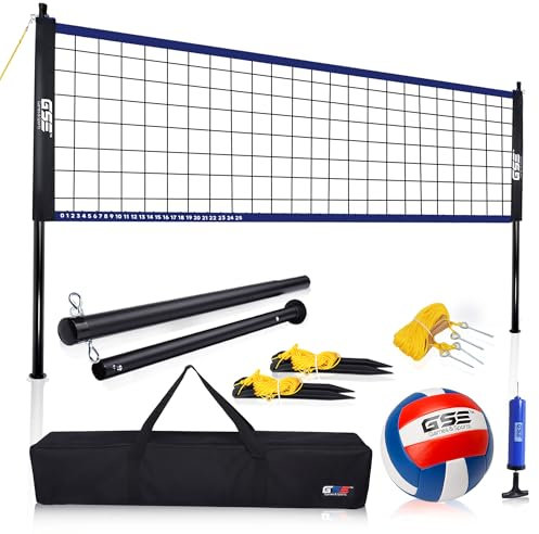 GSE Games & Sports Expert Outdoor Volleyballnetz Set mit Ball, Pumpe, Begrenzungslinie und Tragetasche, Hinterhof-Volleyball-Set für Rasen-, Strand-, Park- und Familienspiele