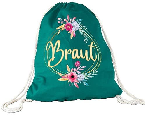 Tassendruck Stoffbeutel - Braut Blumenkranz - Junggesellinnenabschied/JGA/Party/Spaß/Rucksack/Turnbeutel/Gym-Bag - Türkis 1 Stück