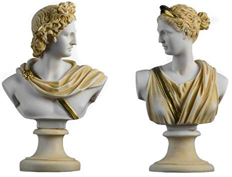 Set 2 Büsten Artemis Diana und Apollo Griechische Statuen Figur Götter Alabaster Gold