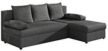 MOEBLO Ecksofa mit Schlaffunktion mit Bettkasten Couch L-Form Polstergarnitur Wohnlandschaft Polstersofa mit Ottomane Couchgranitur - ARON (Dunkelgrau (Sawna 05), Ecksofa Rechts)