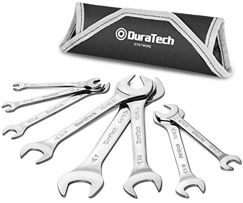 DURATECH Super-Thin Open End Wrench Set, SAE, 8-Piece, Including 1/4, 9/32, 5/16, 3/8, 11/32, 13/32, 7/16, 1/2, 9/16, 11/16, 3/4, 13/16, 7/8, 15/16, 1, 1-1/16, with Rolling Pouch