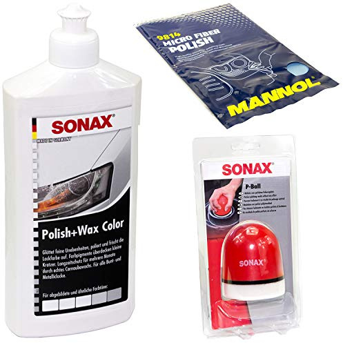 Politur Set Polish und Wax Wachs polieren Lack Color weiß 500 ml + P-Ball Schwamm + Microfasertuch