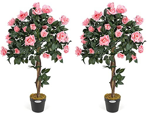 CHRISTOW 2 Artificial Rose Trees Pink Flowers Twisted Trunk Potted Indoor Outdoor 3ft (Pair)
