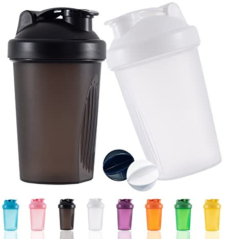 OOTD Protein Shaker Flasche 400 ml Auslaufsicher, BPA Frei, Eiweiß Shaker für Supplement Shakes mit Sieb & Skala, Fitness Mixer für cremige Whey Proteinpulver Shakes, (Black+White(2PCS)
