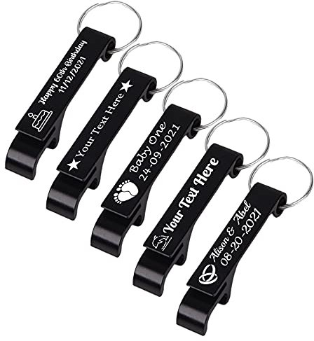 Décapsuleur Personnalisable Ouvre Bière Personnalisé Porte-clés Ouvre Bouteille Gravure, Cadeau pour Noel Mariage Fête Papa Mari,5 PCS, Noir