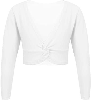 JEATHA Kinder Mädchen Schulterjacke Baumwolle Cardigan Top Basic Bolero Langarm Bolerojacke Ballett Wickeljacke zum Taufkleid Kommunionkleid b_Weiß 140-152