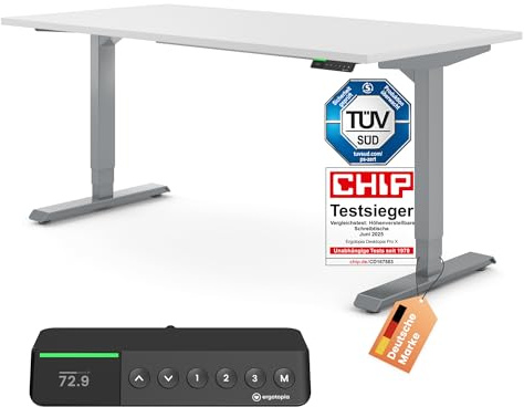 Ergotopia Desktopia Pro X Elektrisch höhenverstellbarer Schreibtisch, Ergonomischer Stehtisch für Büro oder Home Office (Weiß, Gestell Grau, 120 x 80 cm)