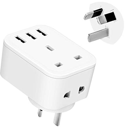 UK to Australia China Plug Adapter with 3 USB Ports, FDTEK 5-in-1 Grounded Type I Australian China Travel Adapter for UK to Australia New Zealand China Fiji Argentina and more