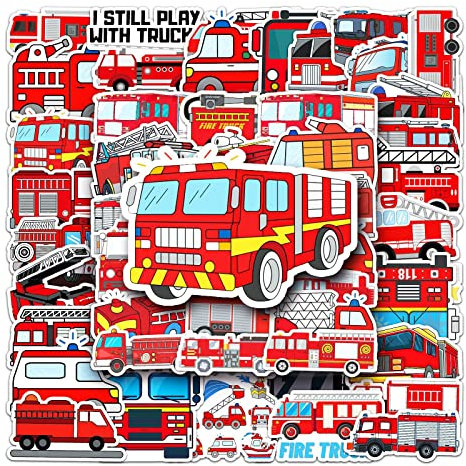 T TAKONE Feuerwehr Aufkleber, 50 Stücke Vinyl Feuerwehr Auto Kinder Sticker, Wasserdichte und Wiederverwendbare Jungen-fahrzeugaufkleber für Koffer, Wasserflasche, Laptop, Skateboard (Feuerwehrauto)