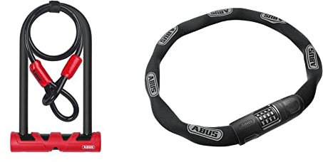 ABUS Bügelschloss Ultimate 420 + USH-Halter + Sicherungskabel Cobra 10/120 - Schwarz/Rot - 230 mm & Kettenschloss 8808C - stabiles Zahlenschloss aus speziell gehärtetem Stahl - 9-110 cm - Schwarz