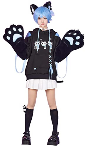 Micotaku Damen-Kapuzenpullover mit abnehmbarer Tasche, pelzige Katzenpfoten-Handschuhe, Totenkopf-Katzenmuster, Sweatshirt