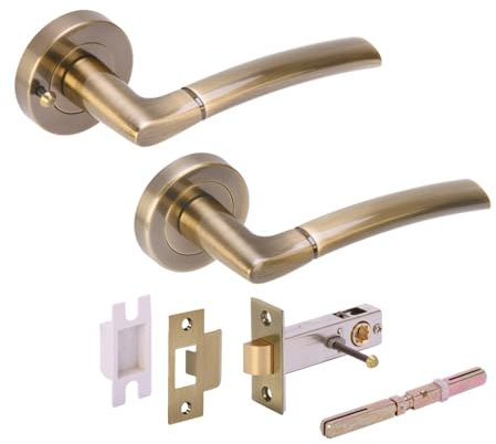 HANDLEZONE® Neemo Privacy Lever On Round Rose Door Handles, with Privacy Latch, for Bathroom, Toilet, WC Doors, 1 Set - Antique Bronze