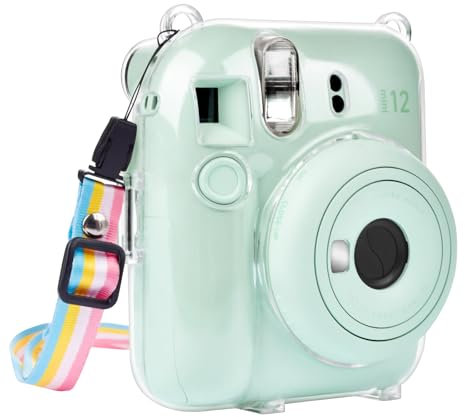 MUZIRI KINOKOO Housse Instax Mini 12 Transparent pour Appareil Photo Fuji Mini 12, Valise Rigide en PVC avec Bandoulière Arc - en - Ciel - Transparent