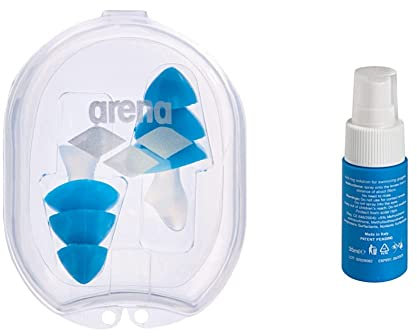 arena Unisex Schwimm Ohrenstöpsel Earplug pro zum Schutz des inneren/äußeren Gehörgangs vor Wassereintritt, Clear-Royal & arena Instant Anti-Fog Spray für Schwimmbrillen, 35 ml Flasche