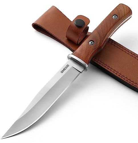 Omesio Couteau Outdoor Survival avec étui en cuir, Bushcraft tranchant chasse Camping Robuste, manche en bois