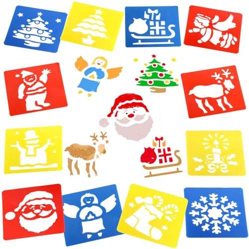 DPKOW 12pcs Pochoirs de Noël pour Garçons Filles, Coloré Pochoirs de Dessin de Noël modèles de Peinture Pochoirs Noël Fenetre Noël Pochoir Kit pour Scrapbook pour Enfants Christmas Stencils Template