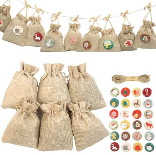 LiebeDD 24 Fillable Advent Calendar Bags 2024 Empty Hessian Christmas Sacks, Reusable Small Jute Bag to Sew mit 1-24 Number Badge, Hanging Cloth Drawstring Bags for DIY Present, 6 x 8 inch
