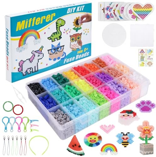 Bügelperlen Set, 6300 Steckperlen Perlen mit Bügelperlen Platten, 5mm Nachfüllset, Vorlagen und Zubehör für Geburtstag Weihnachten Geschenk Kinder DIY Basteln Handwerk (24 Farben)