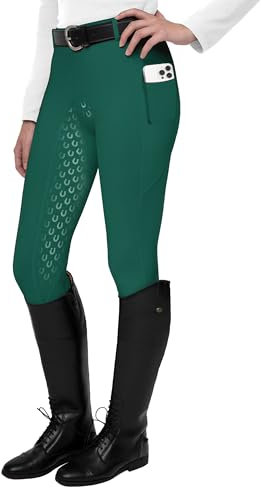 FitsT4 Sports Damen Reitleggings Silikon Vollbesatz Reithose mit Handytasche und Gürtelschlau,ArmeeGrün,M
