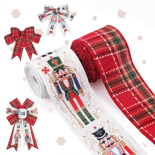 ALIBBON 2 Rolls 2.5 × 5 Yd Merry Christmas Ribbon Nutcracker Christmas Wired Ribbon Red Buffalo Plaid Ribbon for Christmas Wreath DIY Crafting Gifts Wrapping Christmas Party Decoration