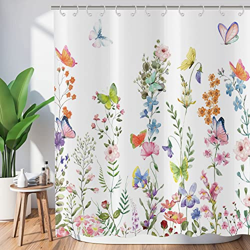 ASDCXZ Rideau de Douche Fleurs 180x200 cm, Printemps Rose Bleu Violet Fleurs colorées Papillon Feuilles Vertes Lavables Textile Rideau de Bain imperméable pour Baignoire avec 12 Crochets