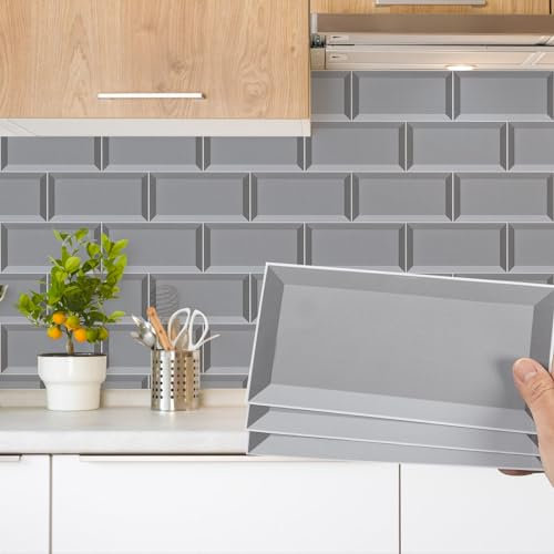 Decoroom Tile Stickers Grey 12pcs/10x20cm Brick Self Adhesive Wall Tiles Vinyl Peel and Stick Waterproof DIY Home Decor Stick on Tiles Transfers Kitchen Bathroom Backsplash…
