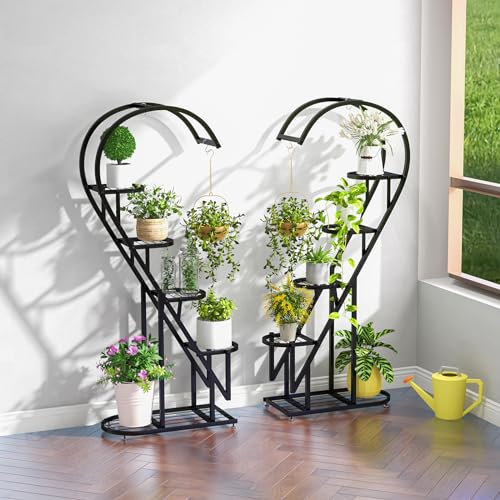 COSTWAY 5-stufiger Metall Pflanzenständer Herzförmig, Blumenregal mit Haken, Leiter Pflanzenregal Kippschutz, Pflanzenleiter Blumenständer, für Garten Balkon Wohnzimmer (Schwarz)