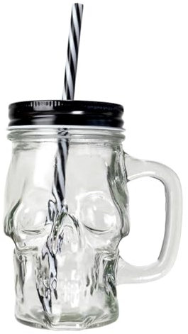 Horror-Shop Totenkopf Glas mit Deckel & Strohhalm für Halloween