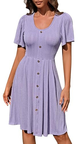 CreoQIJI Robes d'été longueur genou femmes printemps/été solide col rond bouton élastique décontracté robe courte robes courtes, lilas, L