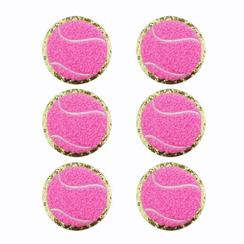 FAZHBARY 6 Stück rosa Tennisball-Aufnäher, Chenille-Patch, goldene Kanten, Tennisball-Aufnäher, Tennis-Applikation für selbstgemachte dekorative Kleidung