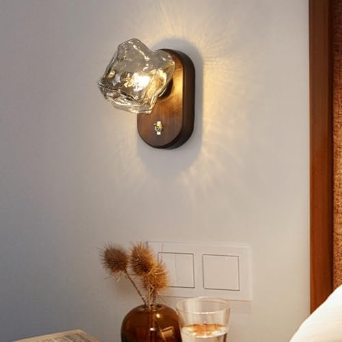 CRFASIBE Applique Murale en Verre Vintage, G9 Applique Murale Bois avec Interrupteur Intérieure pour Chambre Salon Chevet Cuisine (Gris)