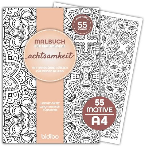 ACHTSAMKEIT Malbuch Erwachsene - 55 Motive im A4 Ausmalbuch mit positiven Sprüchen für Senioren, Jugendliche für Entspannung Ruhe Auszeit, Stress reduzieren & Kreativität im Alltag, modern - bidibo