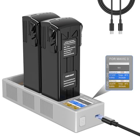 MVMOD Mavic 3 Pro Akku 2 Stück mit LCD Ladestation, 5000mAh Intelligenter Flugakku für DJI Mavic 3 Classic/Mavic 3 Cine, 46 Minuten maximale Flugzeit Akku für DJI Mavic 3 Enterprise Series